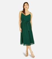 Mela Dark Green Chiffon Strappy Pleated Midi Dress